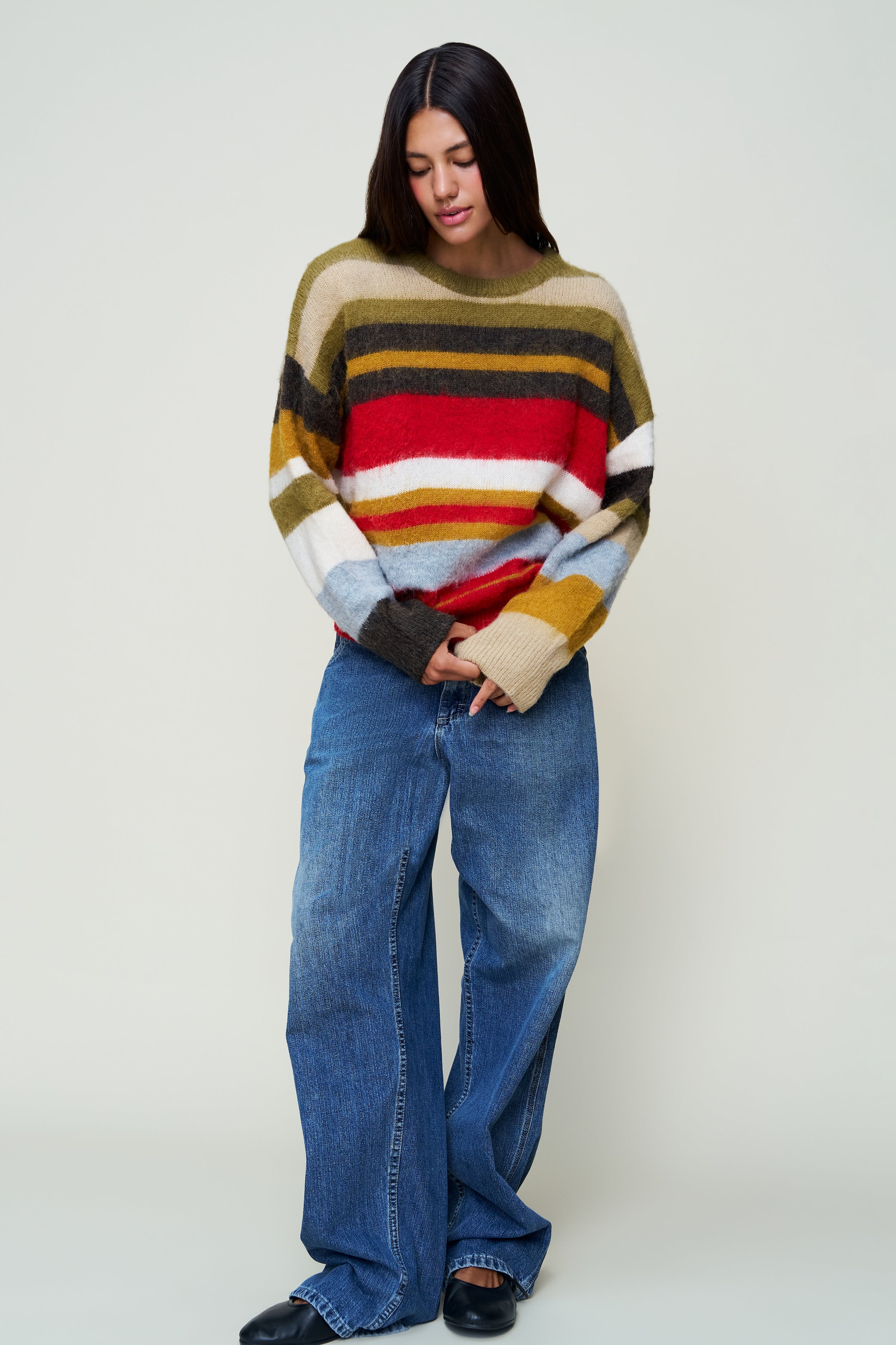 HAWLEY OVERSIZED STRIPE WOOL JUMPER IN OLIVE