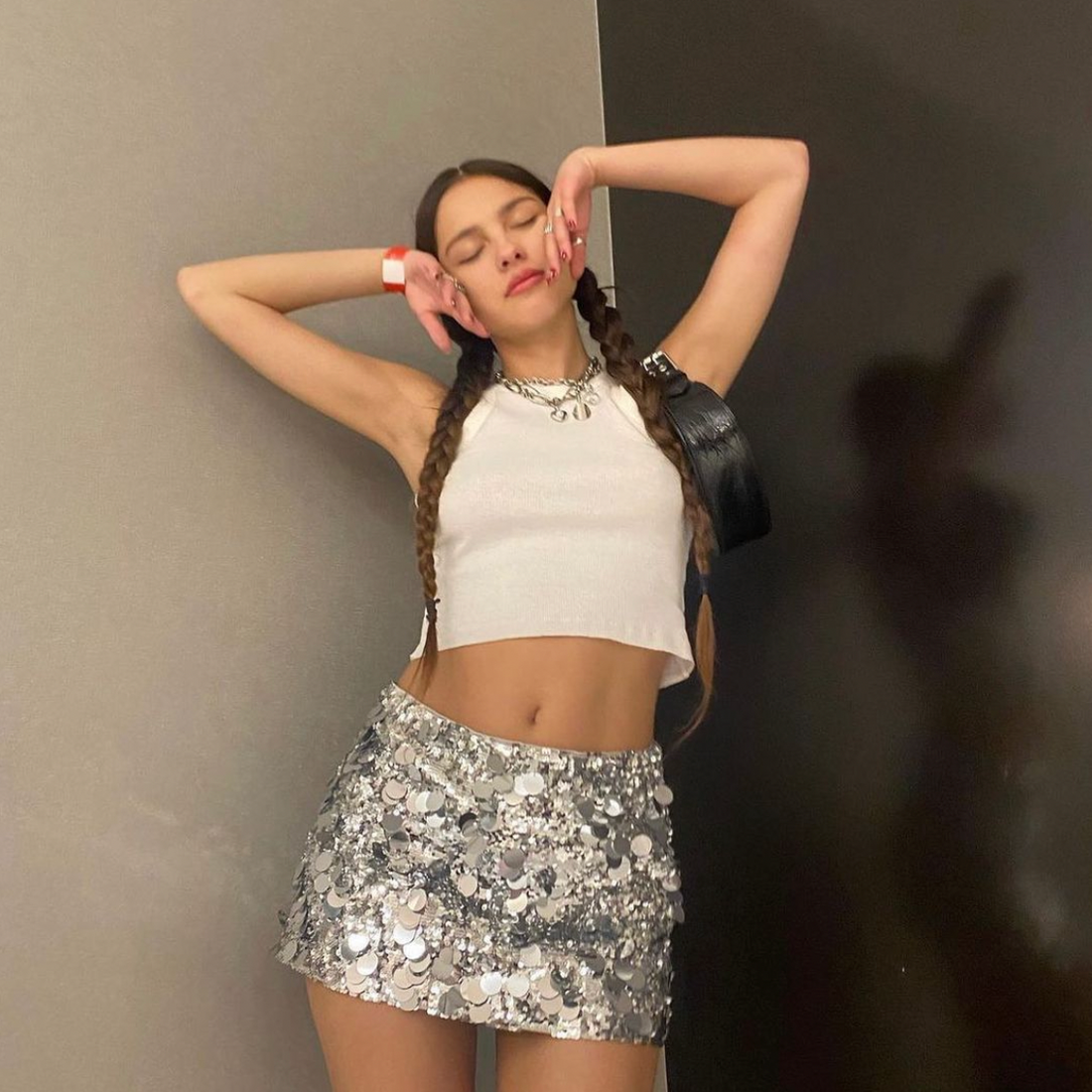 Olivia Rodrigo Wearing the Guizio Low Rise Paillette Skirt in Silver