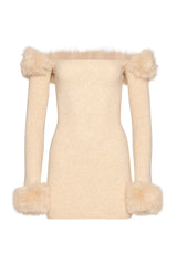 Faux Fur Off The Shoulder Mini Dress in Cream