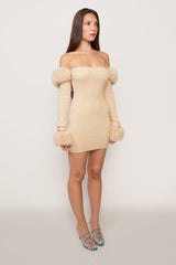 Faux Fur Off The Shoulder Mini Dress in Cream