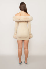 Faux Fur Off The Shoulder Mini Dress in Cream