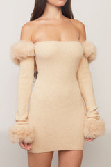 Faux Fur Off The Shoulder Mini Dress in Cream