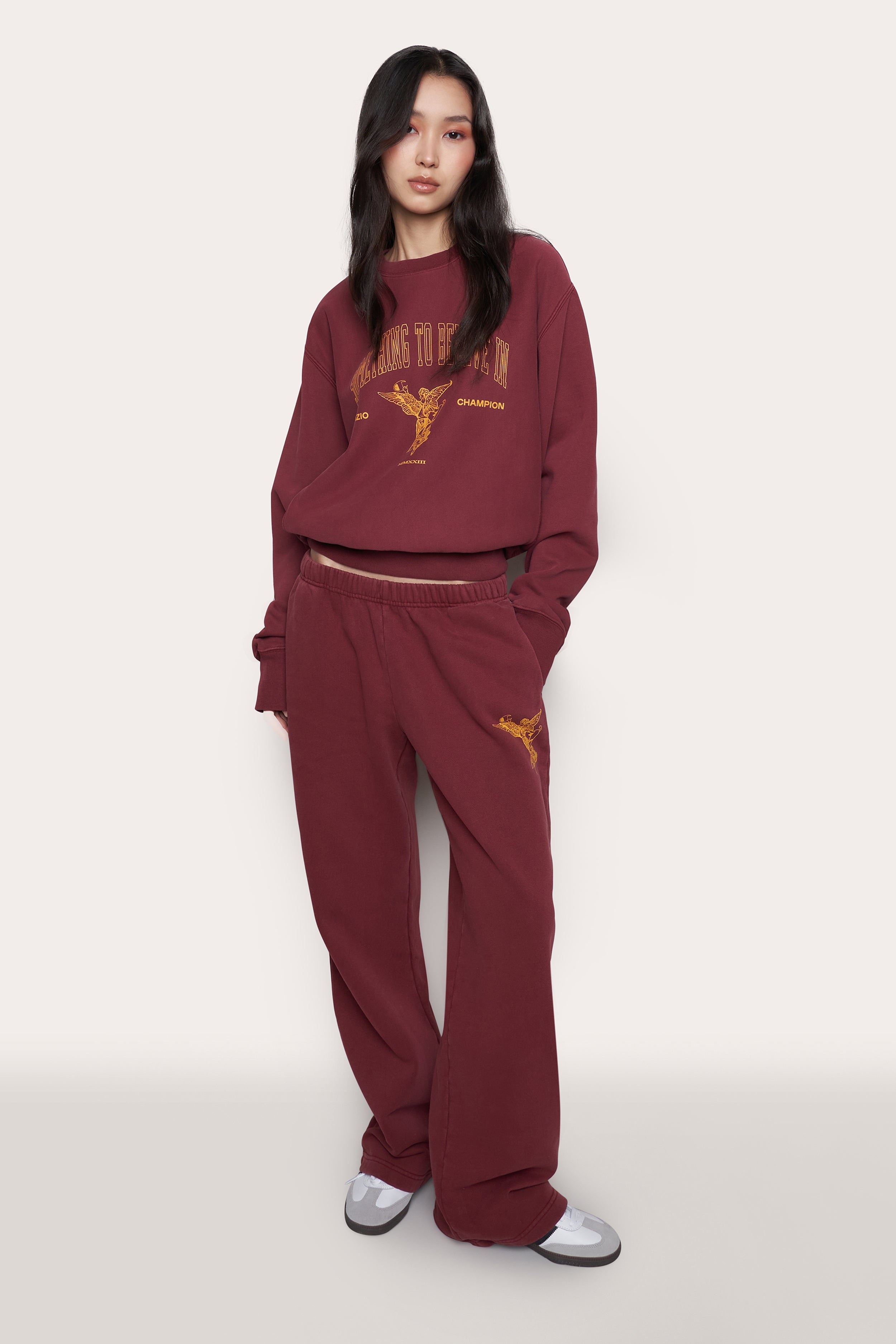 Guizio X Champion Reverse Weave Flare Sweatpants in Sun Dye Sepia Red