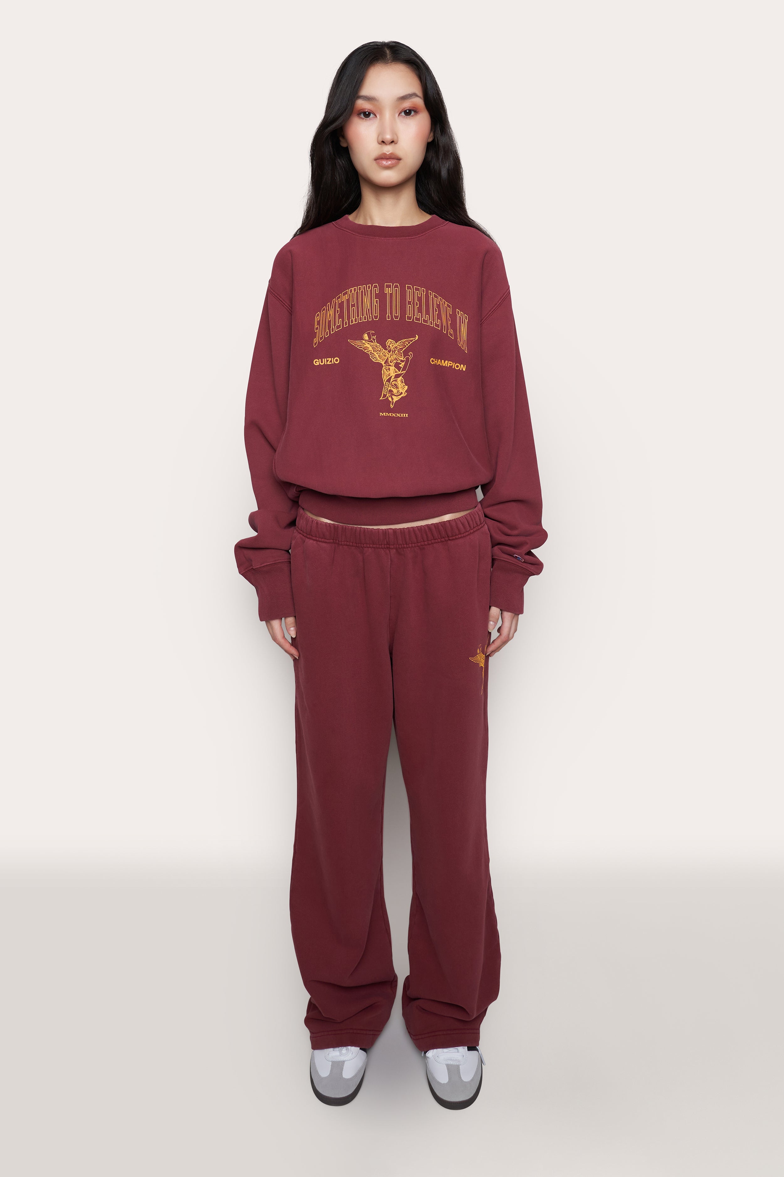 Guizio X Champion Reverse Weave Flare Sweatpants in Sun Dye Sepia Red