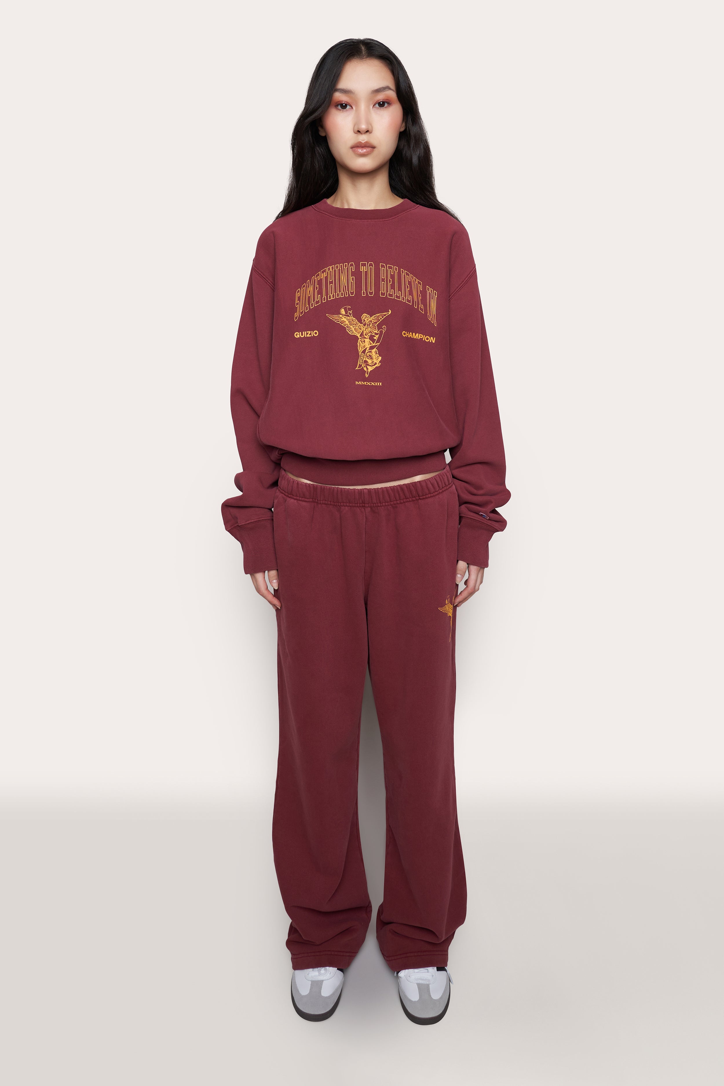 Guizio X Champion Reverse Weave Oversized Crewneck in Sun Dye Sepia Red