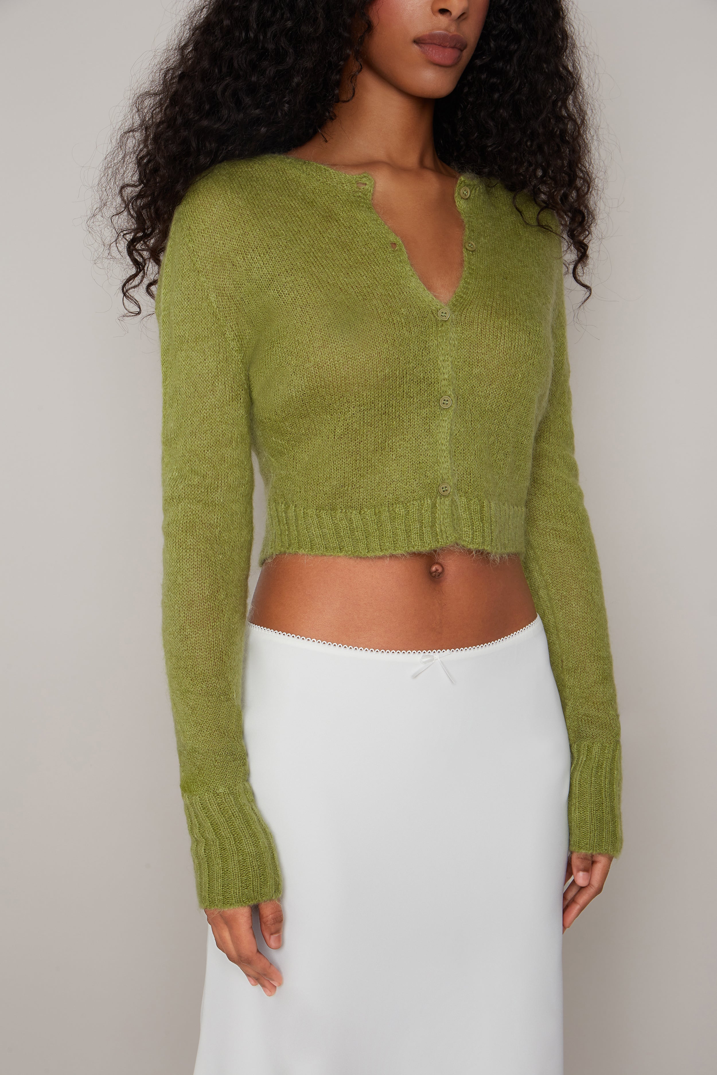 Mohair Ribbed Cardigan in Moss