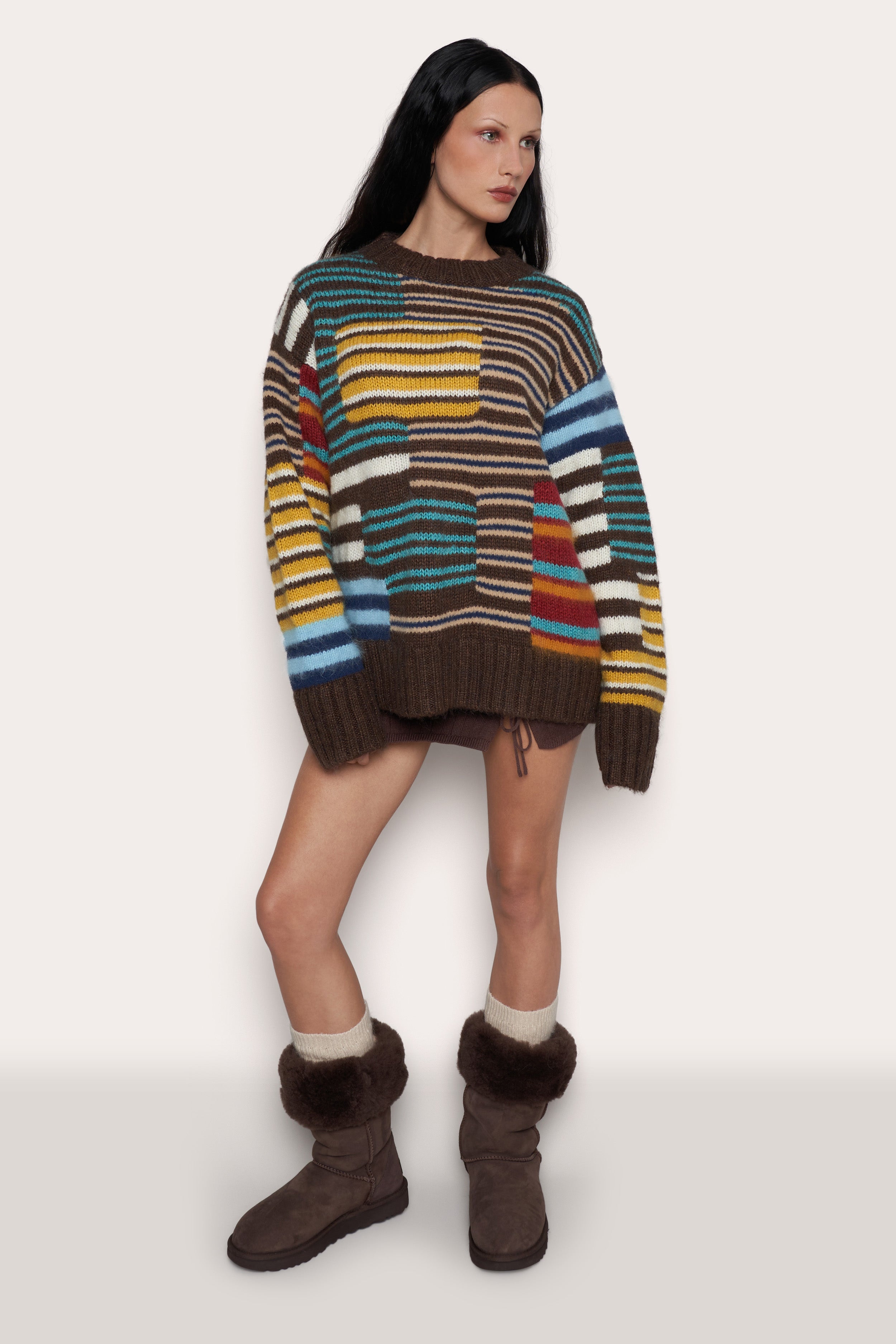 Oversized Novelty Crewneck in Brown Multi