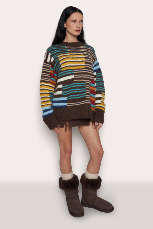 Oversized Novelty Crewneck in Brown Multi