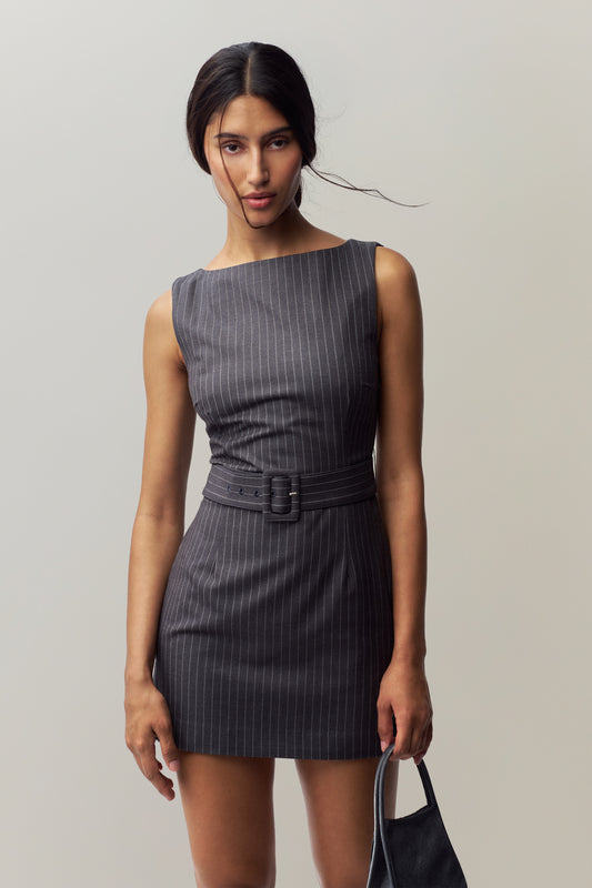 Via Pinstripe Dress in Charcoal & White